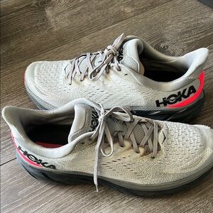 Hoka Clifton 8 soft light Gray and Hot Pink Athletic Shoes